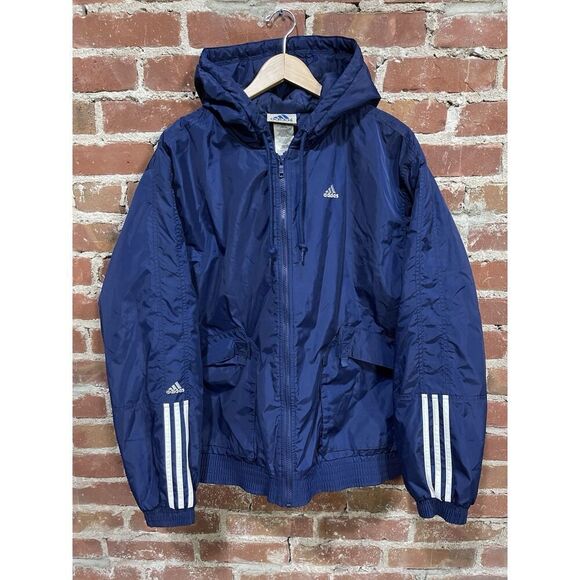 Rare Vintage ADIDAS Spell Out Striped Full Zip Hooded Jacket 90s Navy L - Picture 1 of 6
